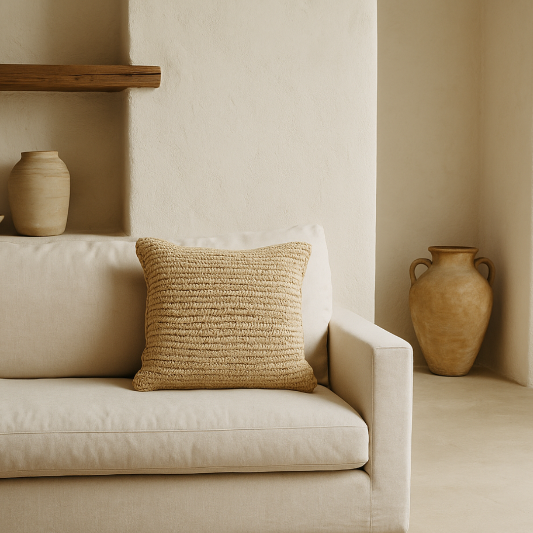 Almohadón Capri tejido sobre sofá crema — Almohadones Casa KOS